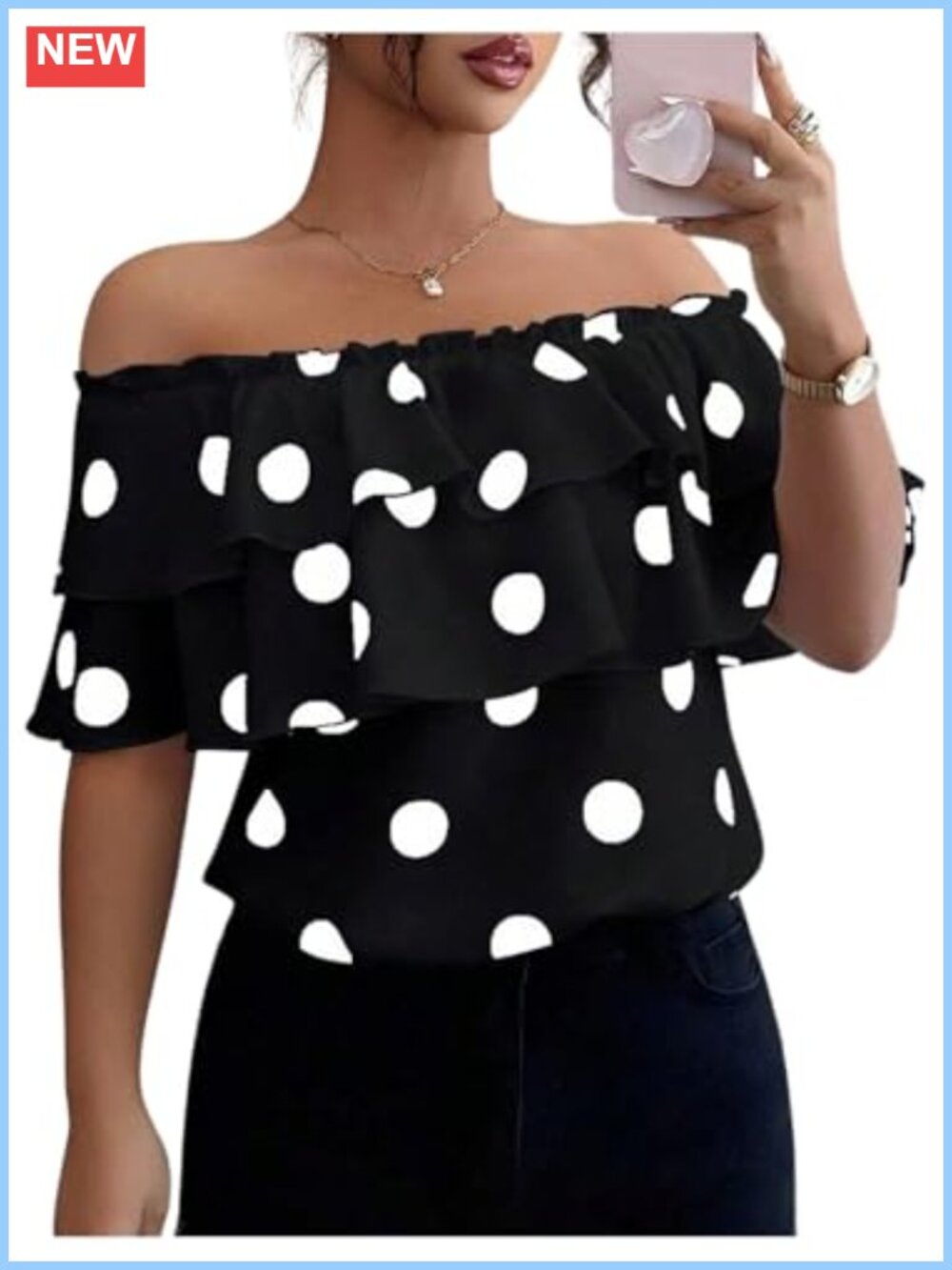Women's Off Shoulder Polka Dot Ruffle Short Sleeve Dressy Blouse Top